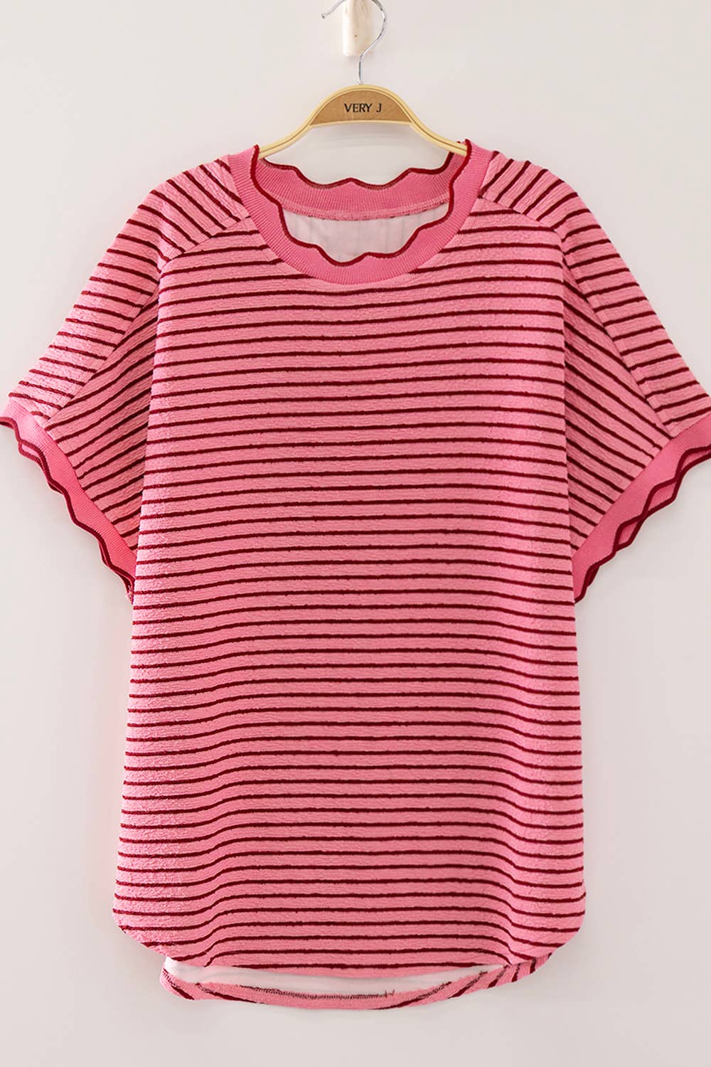 Scallop Trim Stripe Knit Top: PINK STRIPE