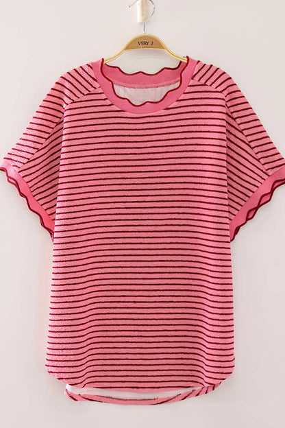 Scallop Trim Stripe Knit Top: PINK STRIPE