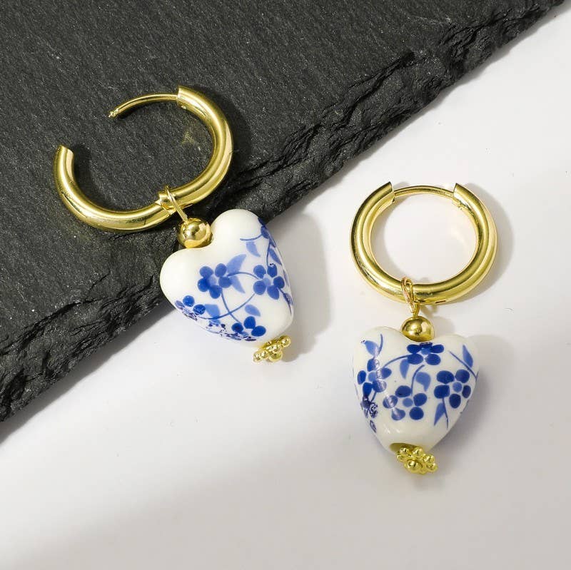 BLUE CERAMIC PORCELAIN  GOLD PEARL DROP EARRINGS | 40E391: A