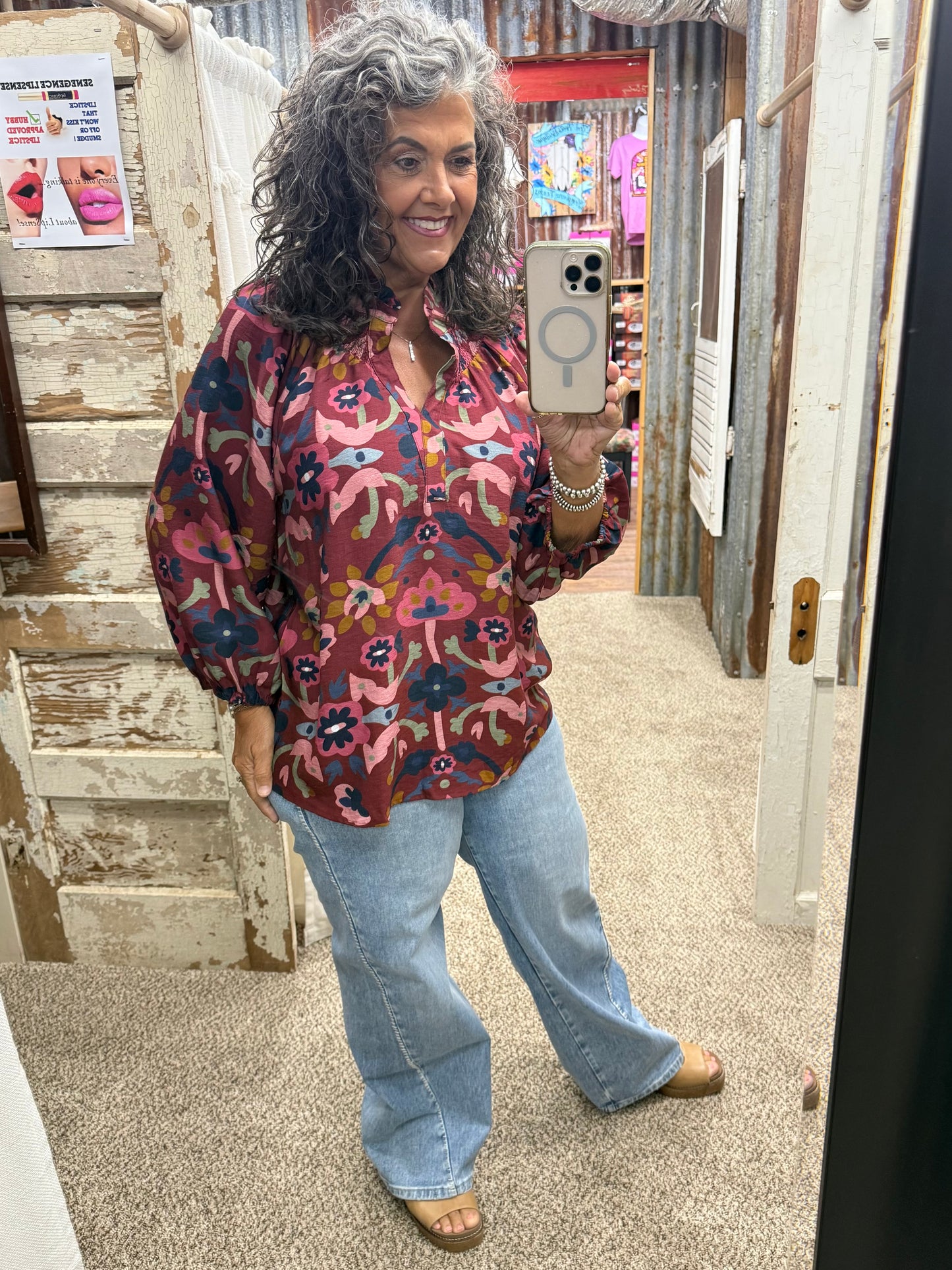 UMGEE Burgundy Floral Print Split Neck Blouse
