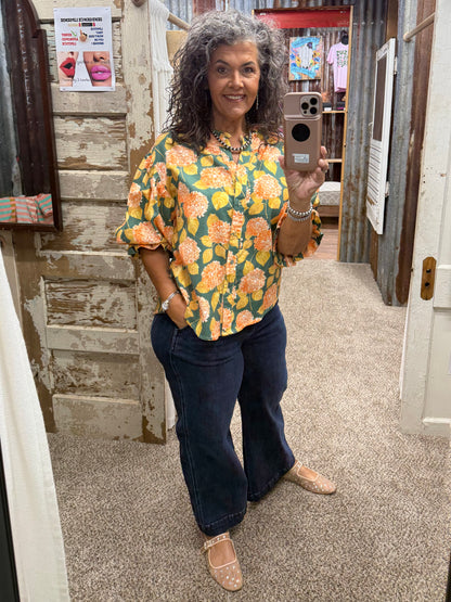 BOTANICAL FLORAL PRINTED DRAMATIC VOLUMINOUS SLEEVES BLOUSE: FOREST GREEN/CORAL / S