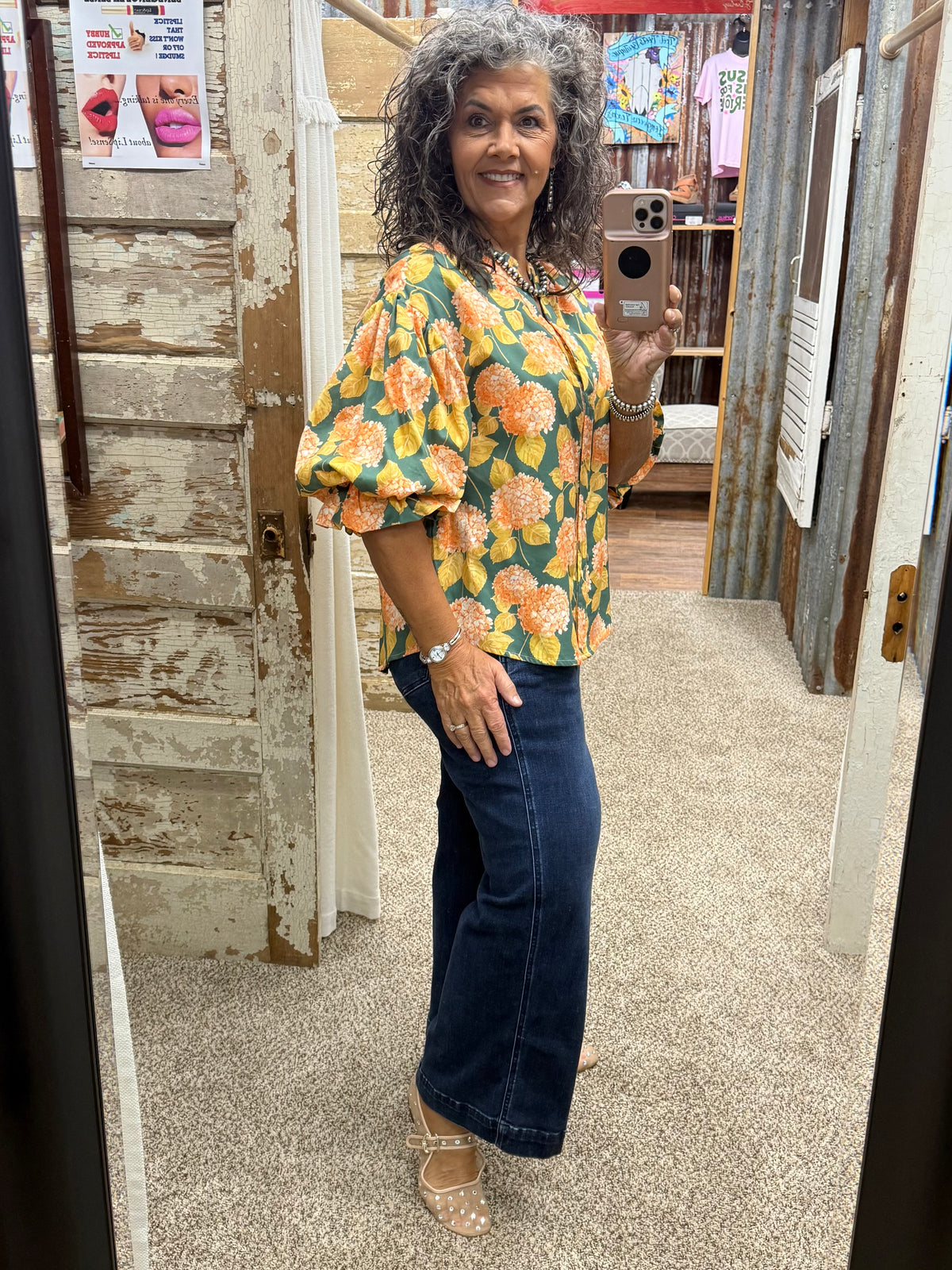 BOTANICAL FLORAL PRINTED DRAMATIC VOLUMINOUS SLEEVES BLOUSE: FOREST GREEN/CORAL / S