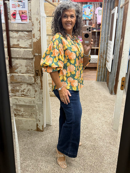 BOTANICAL FLORAL PRINTED DRAMATIC VOLUMINOUS SLEEVES BLOUSE: FOREST GREEN/CORAL / S
