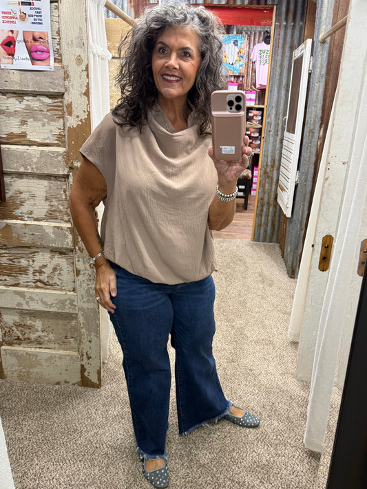 UMGEE Latte Draped Mock Neck Oversized Blouse