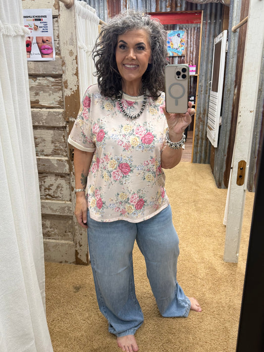 Short Sleeve Oatmeal Oversized Loose Fit Floral Knit Top