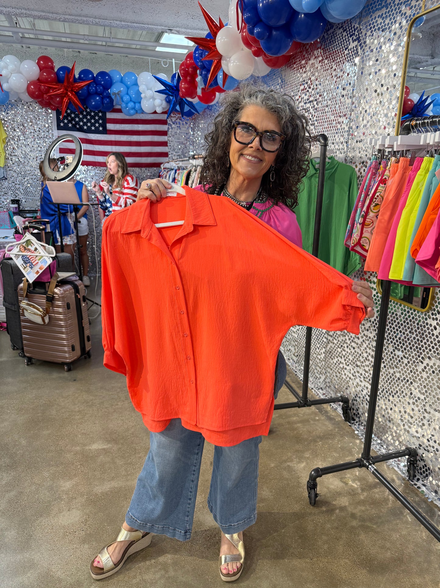 Sloane Button Up Top- Neon Coral