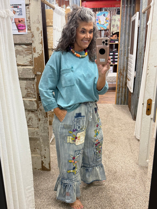 BlueVelvet Embroidered Patchwork Ruffle Hem Denim Pants