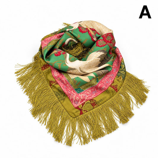 Crane Floral Print Fringed Square Scarf | 40SC750: A