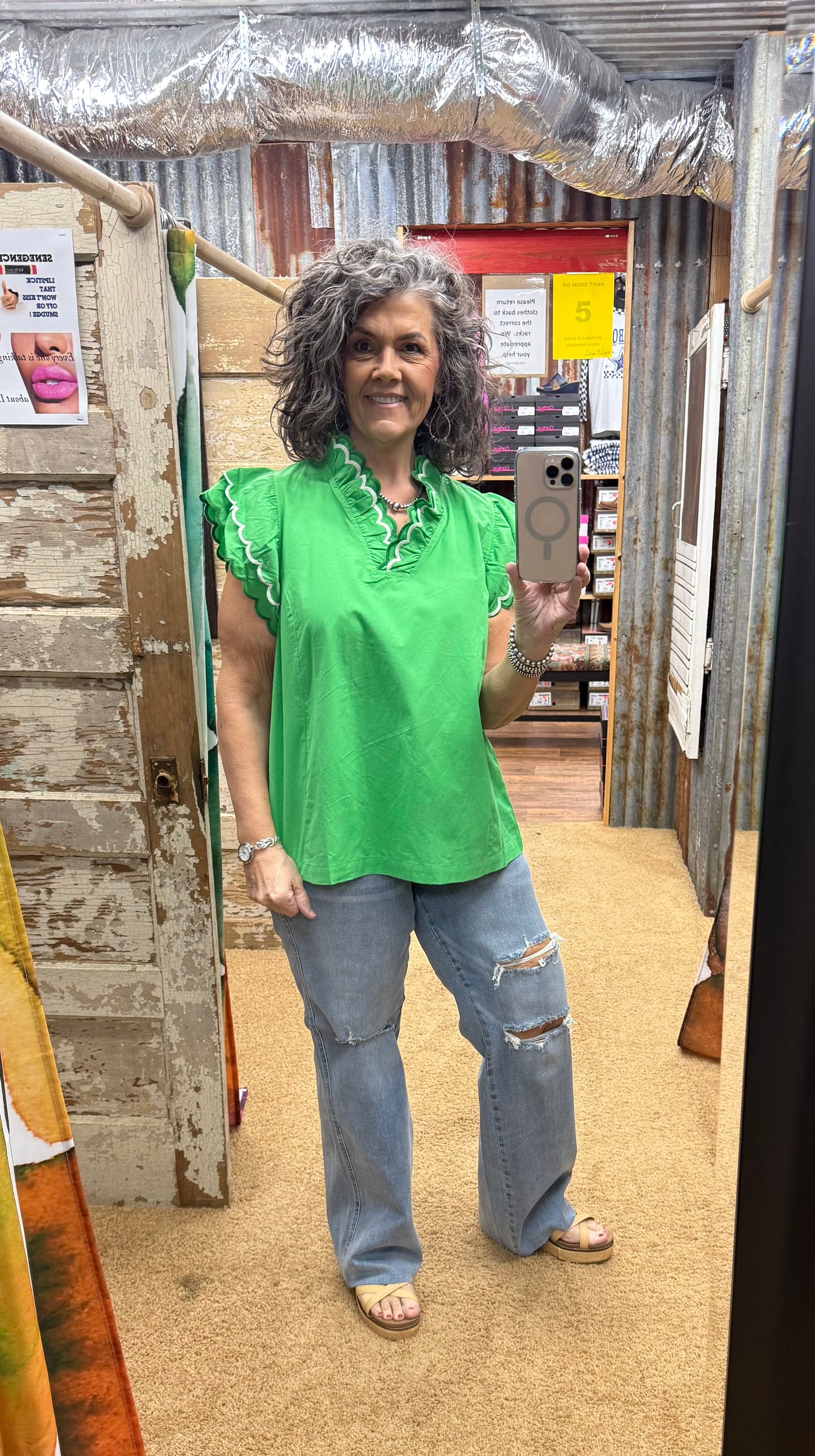 Kelly Green Scalloped Neckline and Sleeved Top