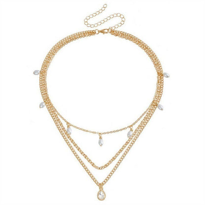 MULTI LAYER STONE CHAIN TEARDROP CHARM NECKLACE | 40NK9637: GOLD
