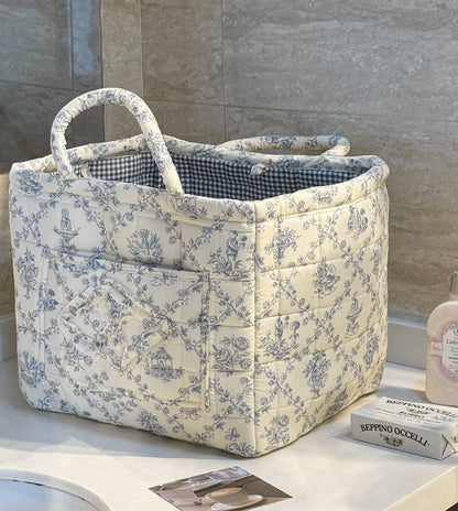 Blue Quilted Floral Laundry Basket Boho Storage Basket