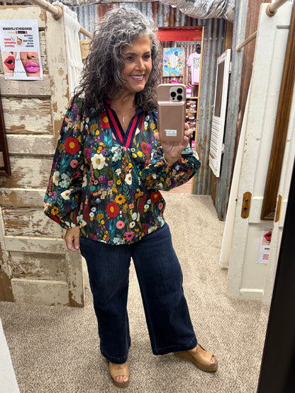 UMGEE Midnight Floral Print Contrast Collar Long Sleeve Blouse