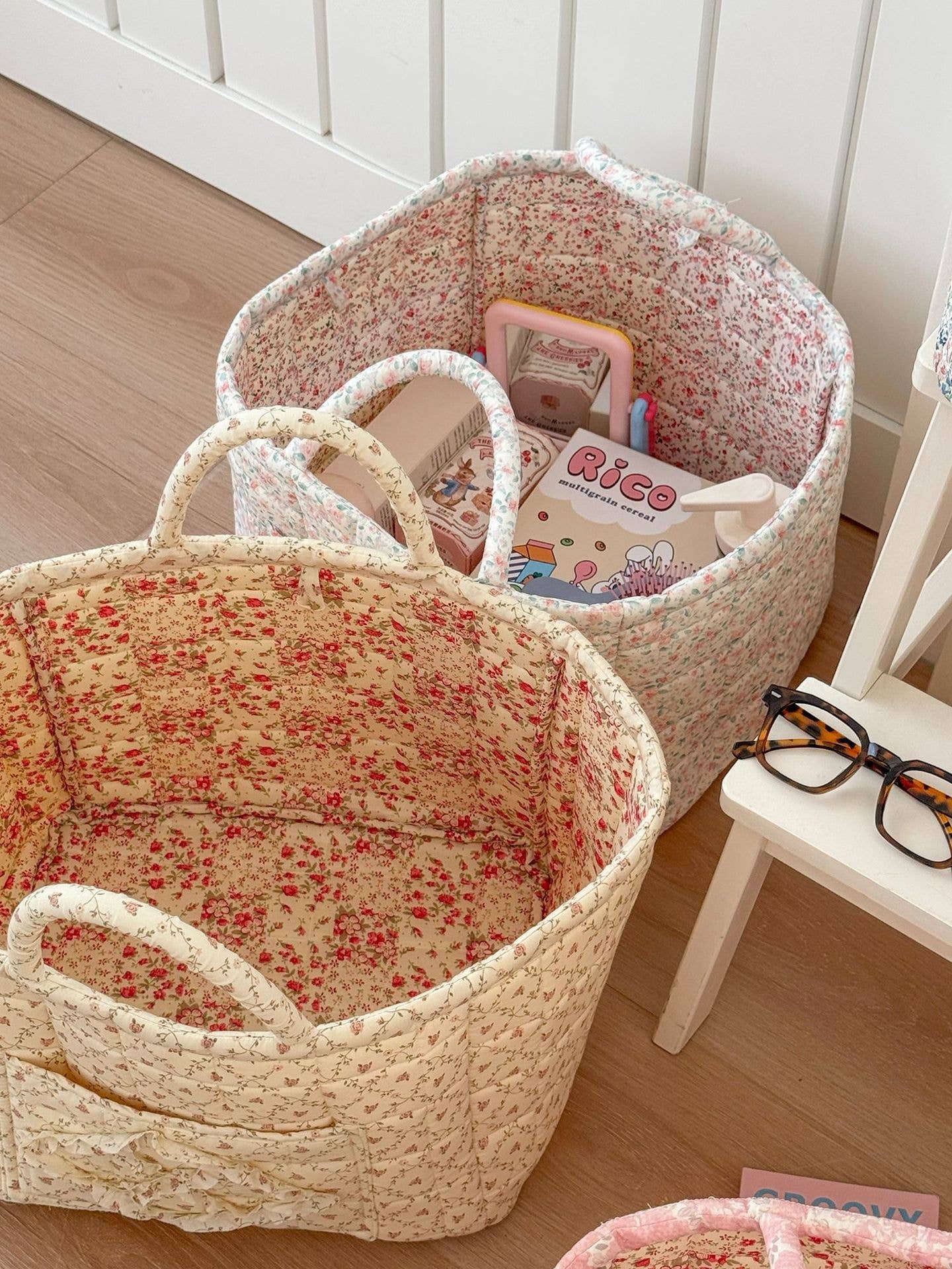 Pink Quilted Floral Laundry Basket Boho Storage basket