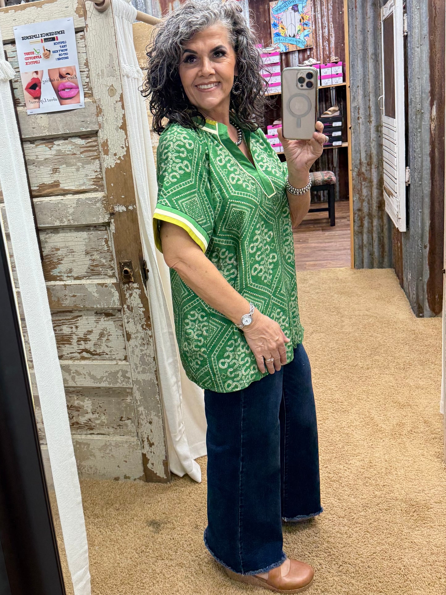 UMGEE Green Mix Geometric Print Top w/ Contrast Trim