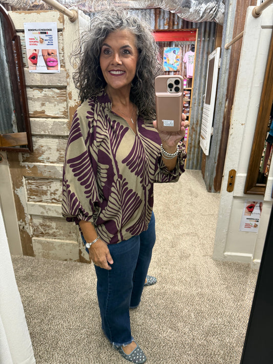 UMGEE Plum Abstract Leaf Print V-Neck Balloon Sleeve Blouse