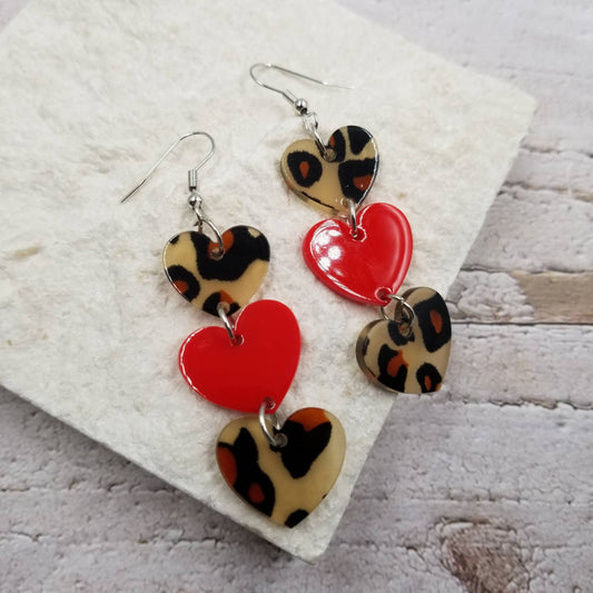 Leopard Red Heart Drop Earrings