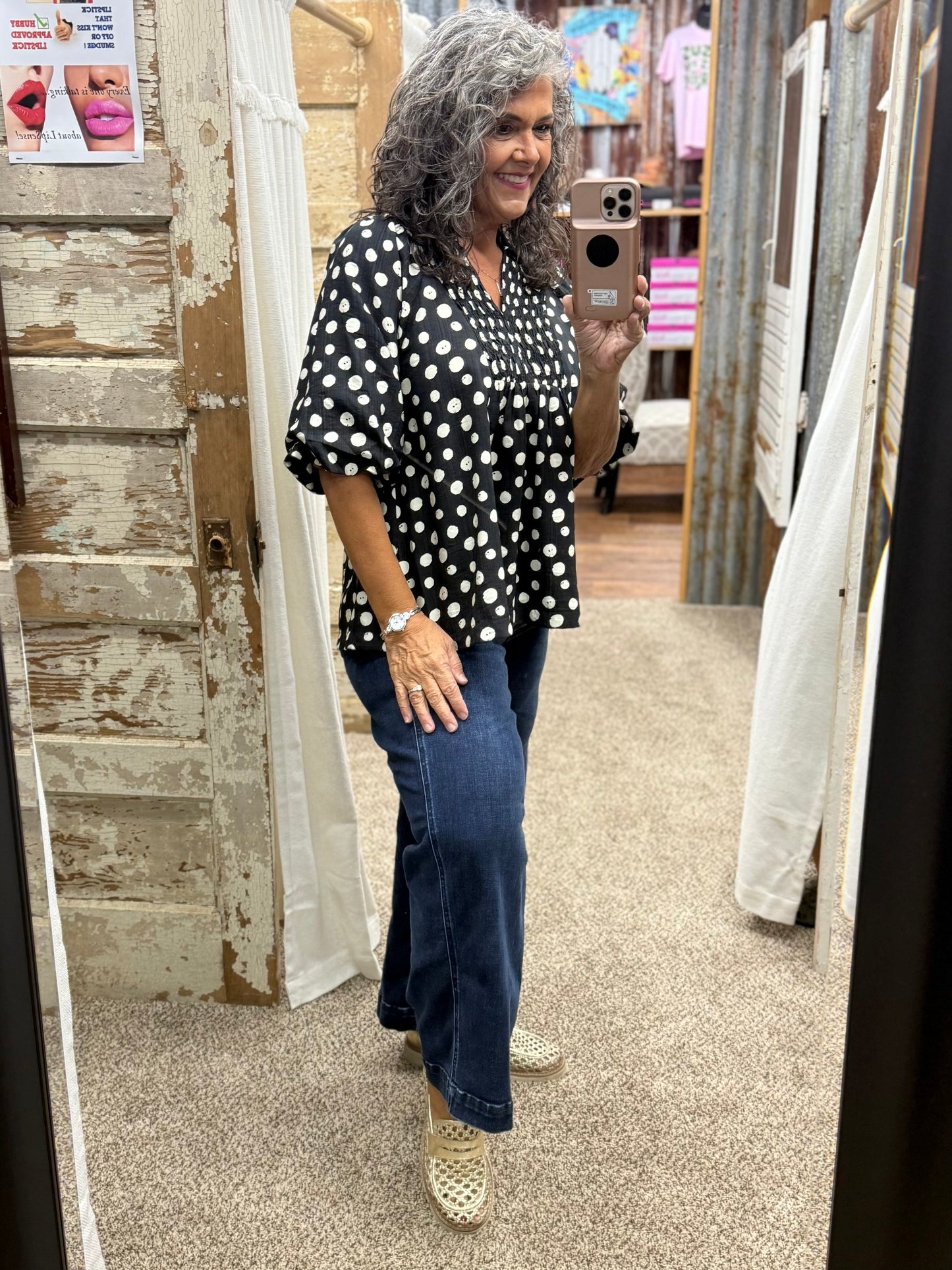 UMGEE Black Polka Dot Smocked Yoke Blouse