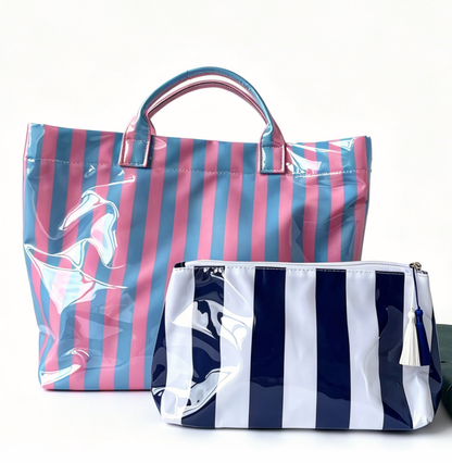 Colorful Color Block Striped Tote Bag Snap Waterproof Beach Bag Set