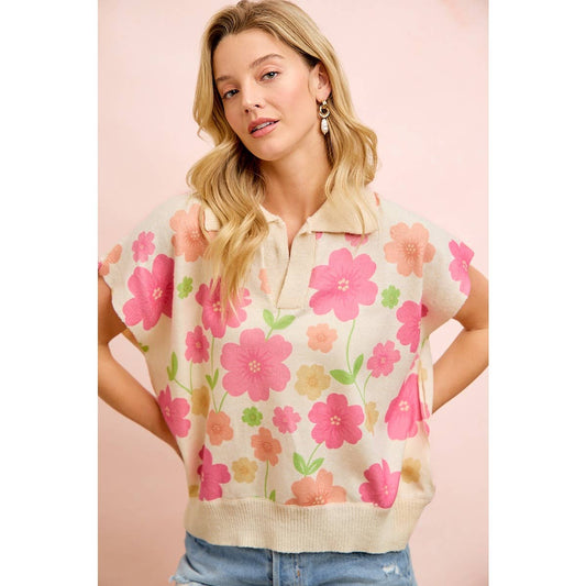 FLOWER ARTWORK PRINTED KNIT TOP WITH COLLAR