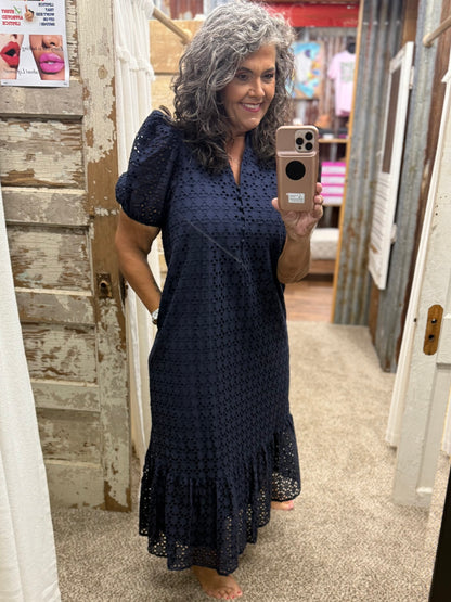 Entro Navy Eyelet Midi Dress