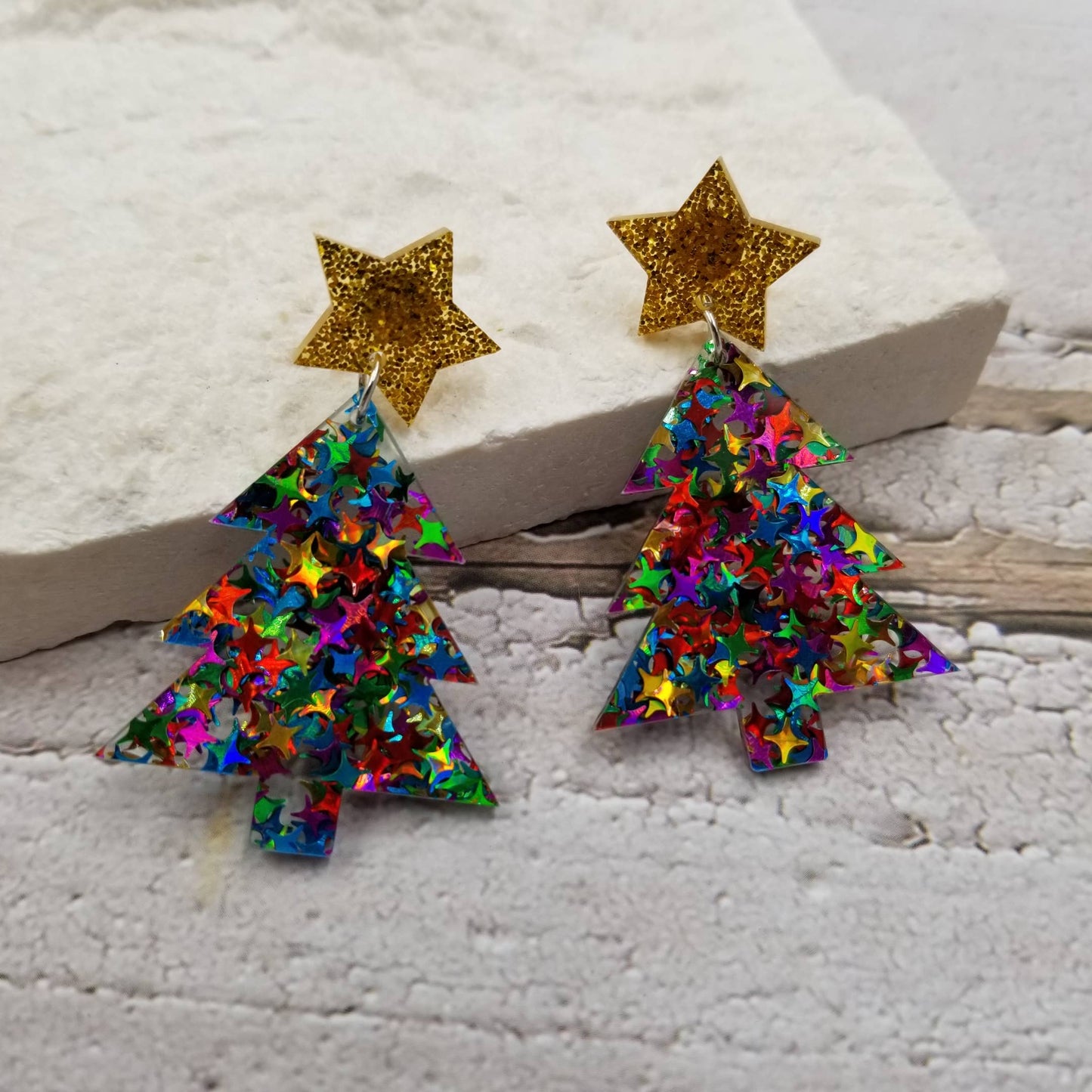 Confetti Star Christmas Tree Earrings-multi colored