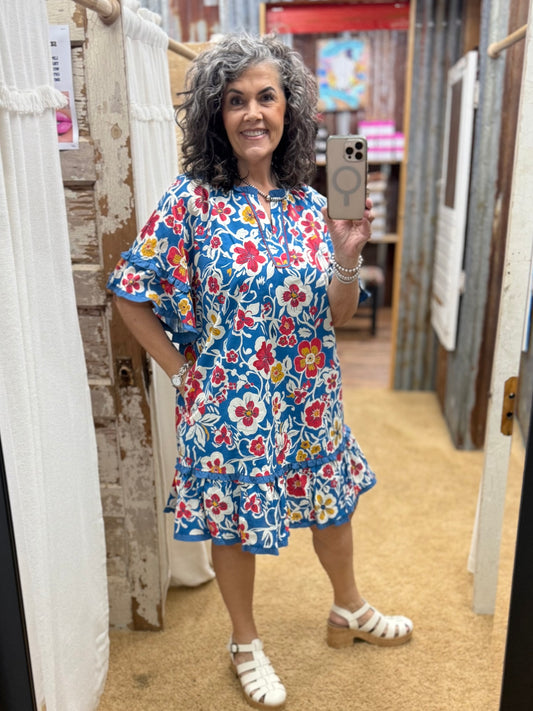 FLORAL INDIGO PRINTED POPLIN RUFFLE BOTTOM DRESS