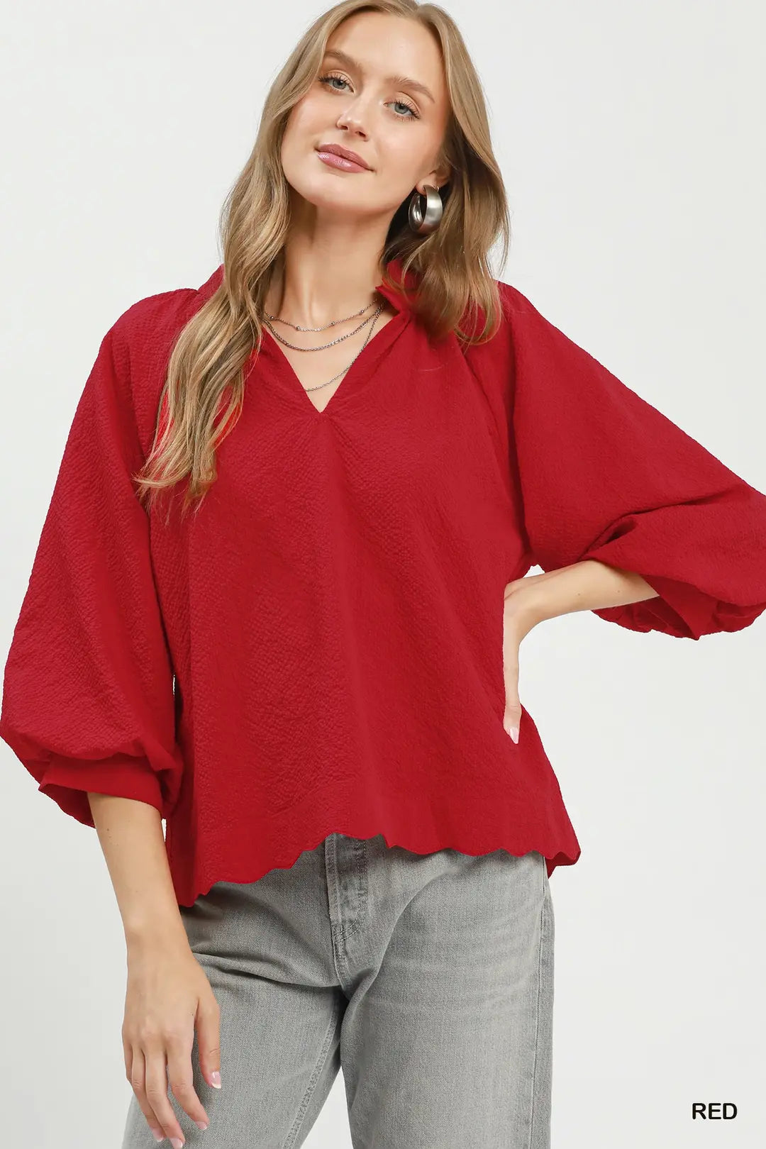 UMGEE Red Split V Neck Top with Balloon Sleeves