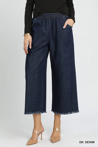 UMGEE Dk Denim Washed Denim Pants with Fringe Hem