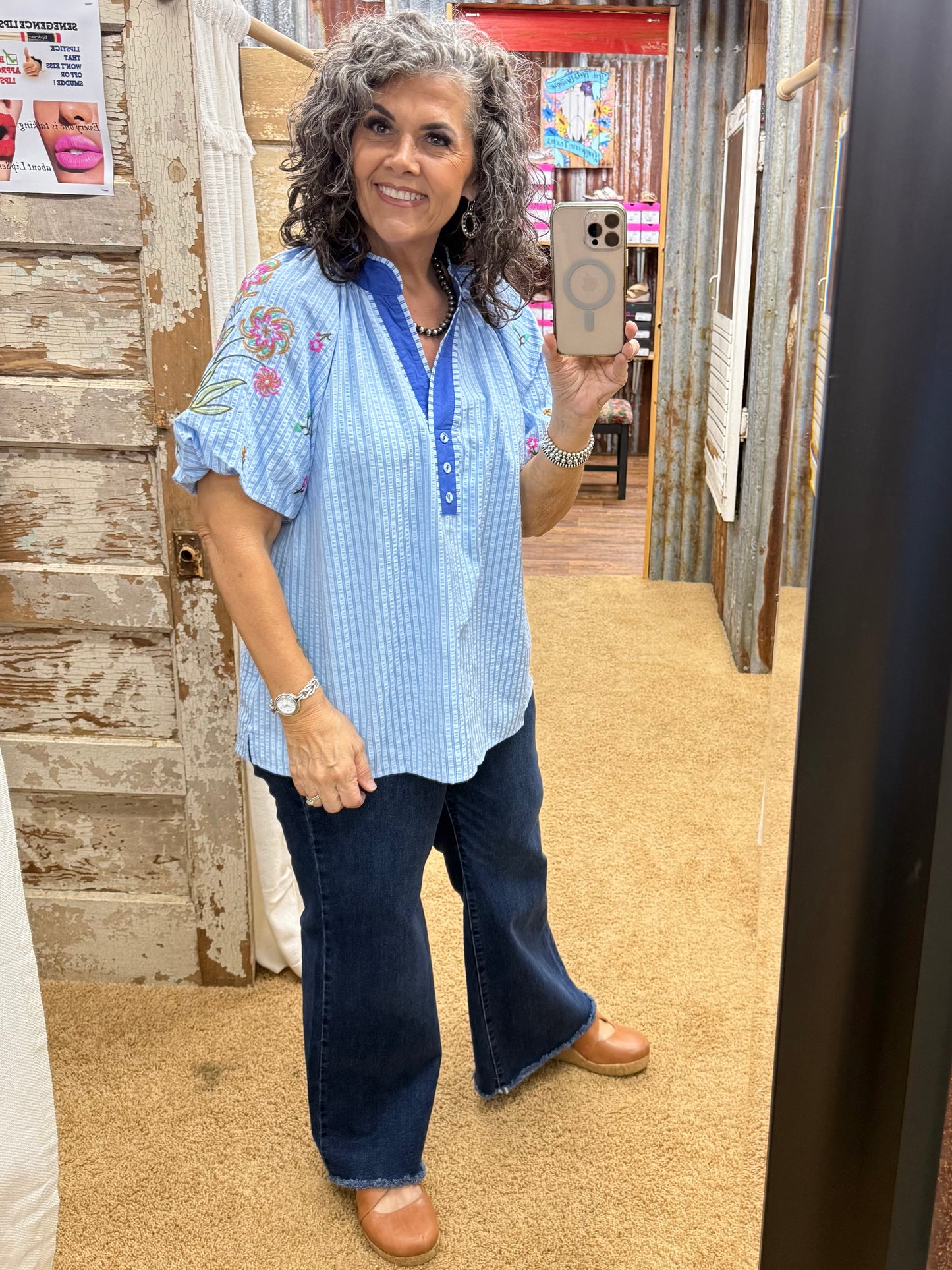 UMGEE Blue Embroidered Stripe Top