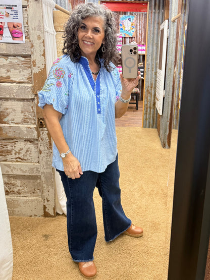 UMGEE Blue Embroidered Stripe Top