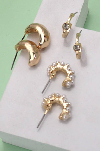 TRIO PEARL DIAMOND CUT HUGGIE HOOP EARRINGS | 80E3935: Gold