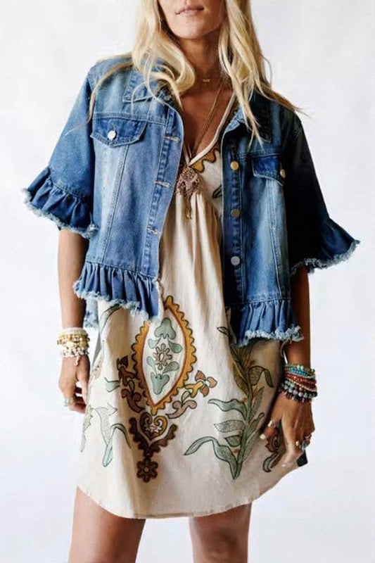 Blue Frayed Hem Denim Jacket