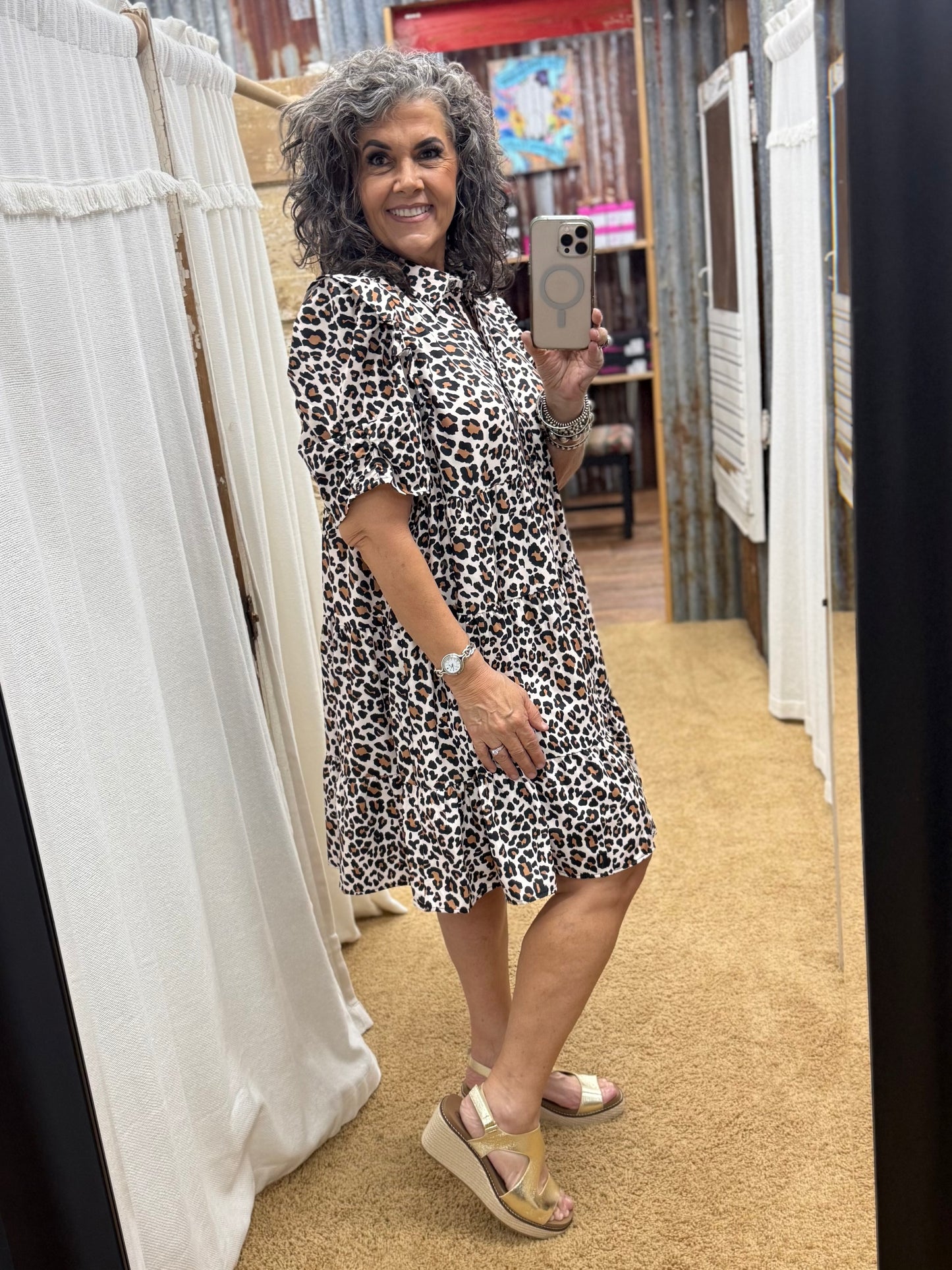 Collared Button Down Tiered Animal Print Dress