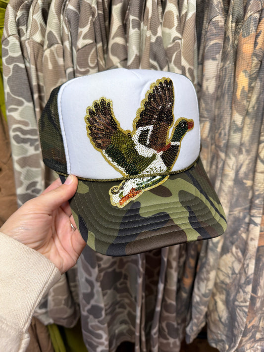 Backwoods Bougie Sequin Trucker Hat - Camo/White Sequin Mallard