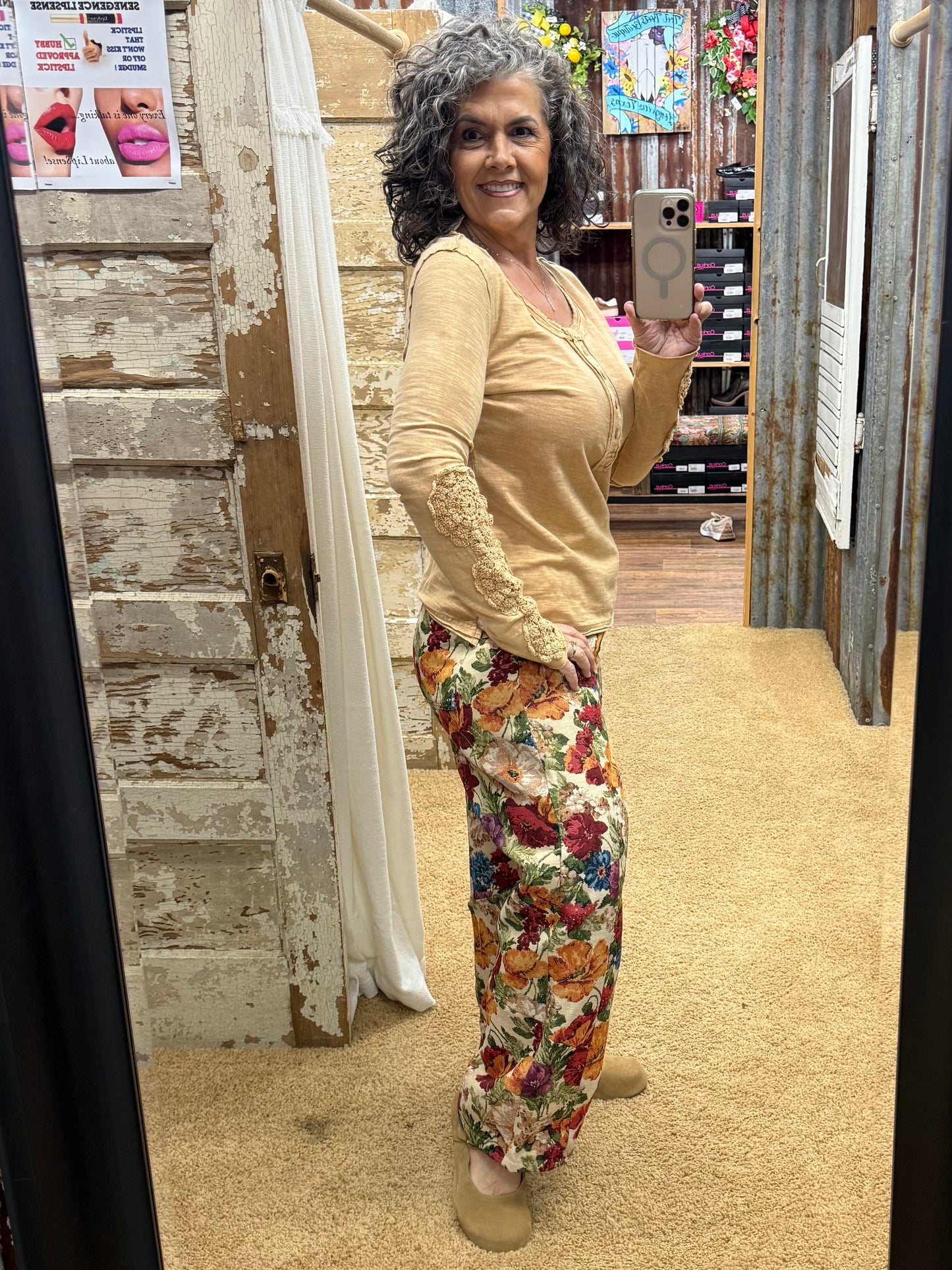 CAMEL CROCHET LACE DETAILING WASHED COTTON SLUB TOP