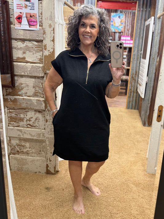 Half-Zip Jacquard Dress w/ Pockets: JET BLACK