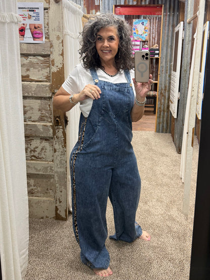 Denim / Leopard Trim Overalls