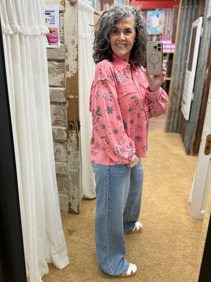 Coral Floral Printed Washed Terry Pullover Shirt