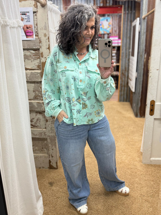 Mint Floral Printed Washed Terry Pullover Shirt