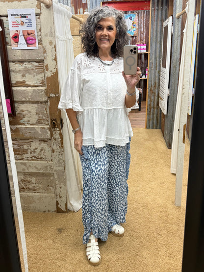 ANIMAL PRINTED CHAMBRAY FRAY DETAILING PANTS
