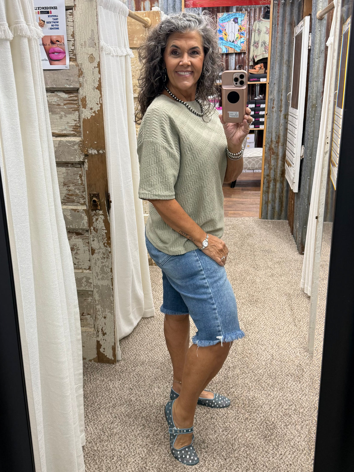 Textured Short Sleeve Top: OLIVE