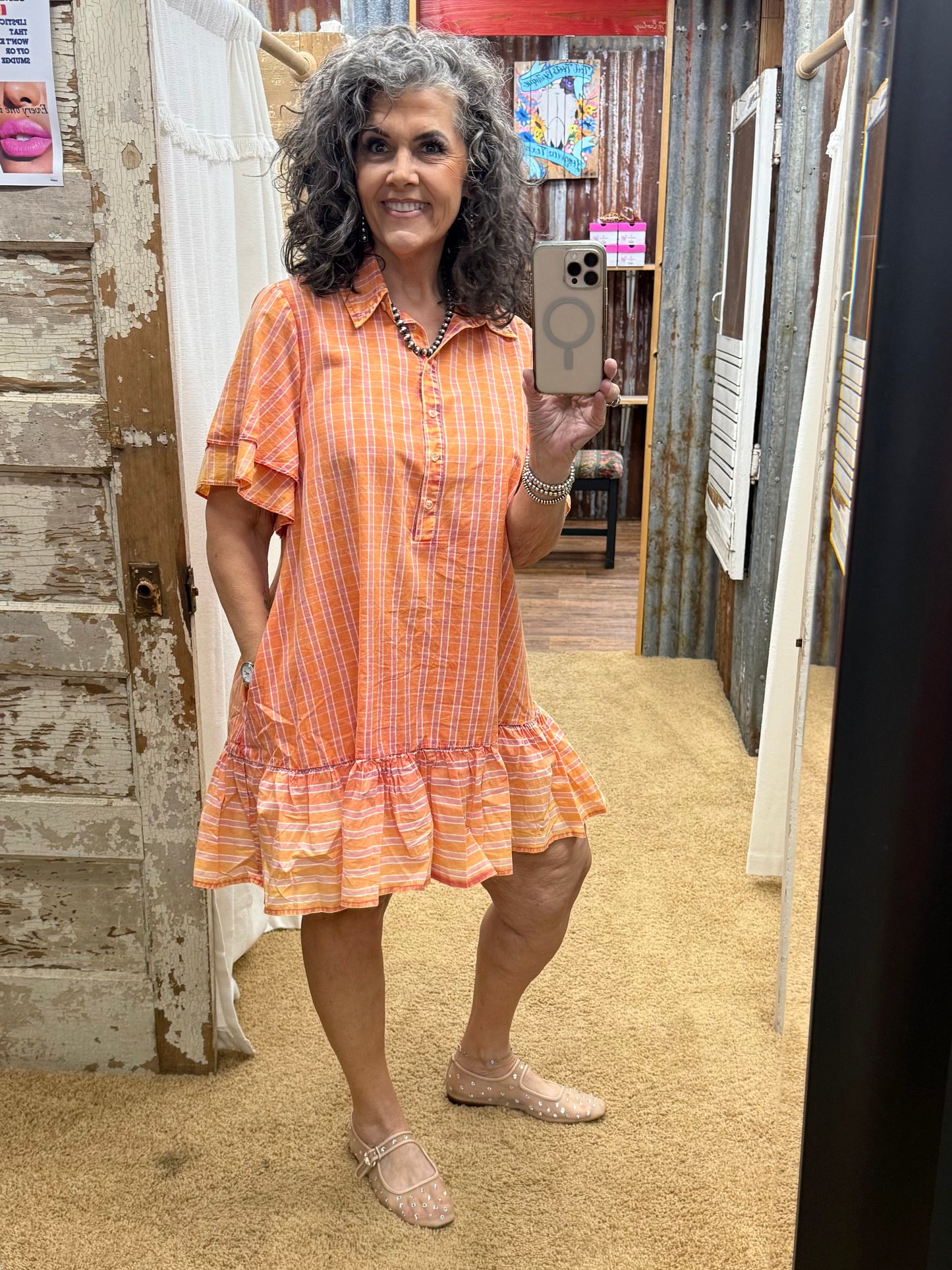 STRIPED RUFFLE BOTTOM WASHED COTTON DRESS