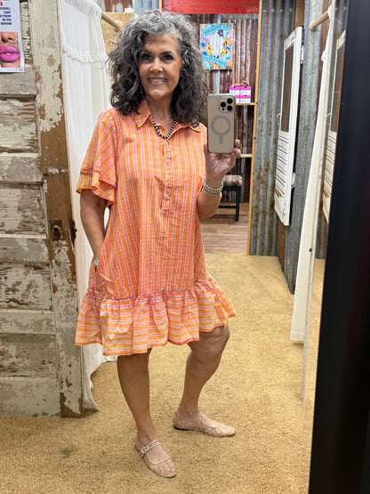 STRIPED RUFFLE BOTTOM WASHED COTTON DRESS