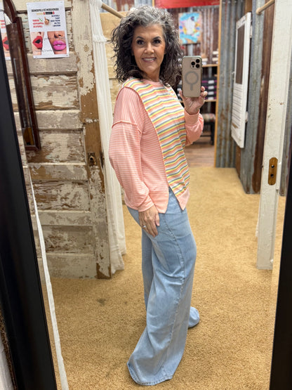 Peach Striped Long Sleeve Pullover Top