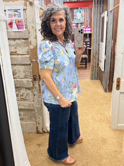 UMGEE Peri Blue Floral Puff Sleeve Top