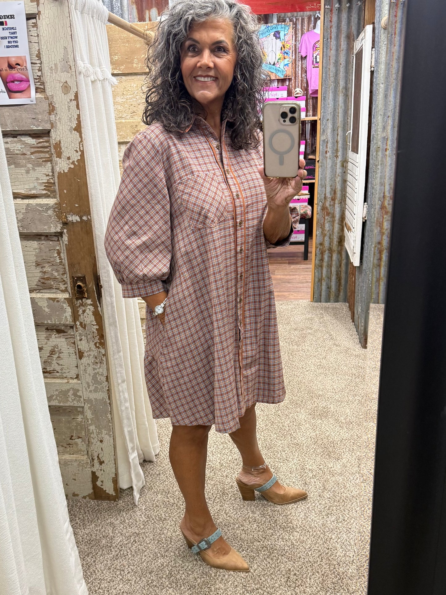 UMGEE Rust Plaid Button Down Oversized Shirt Dress