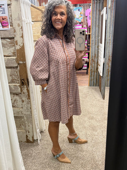 UMGEE Rust Plaid Button Down Oversized Shirt Dress