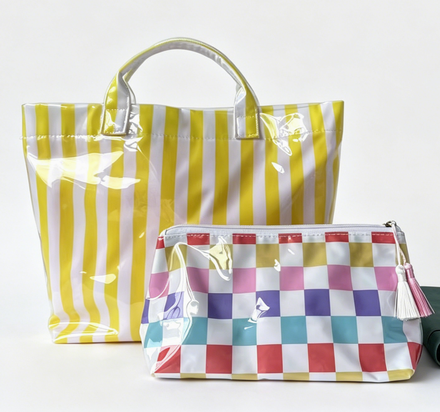 Colorful Color Block Striped Tote Bag Snap Waterproof Beach Bag Set