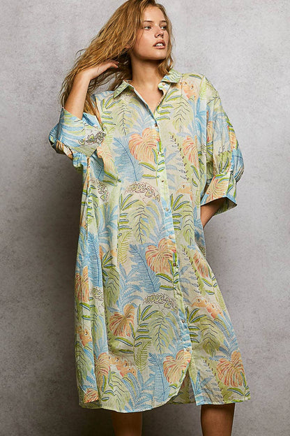 GREEN SKY MULTI V-Neck Half Sleeve Floral Bold Printed Shirt Dress