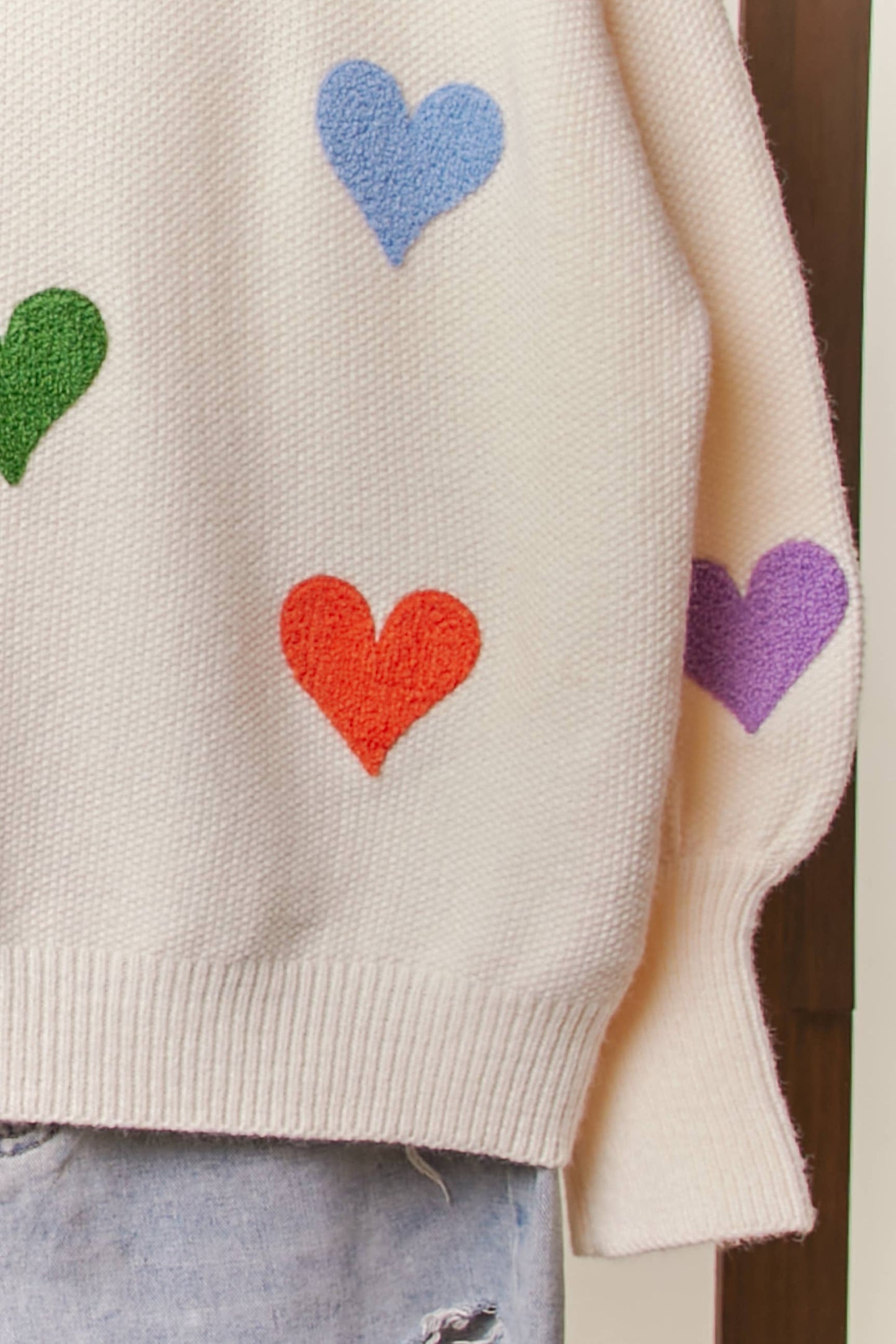 Heart Shaped Patterns Front Round Neck Sweater